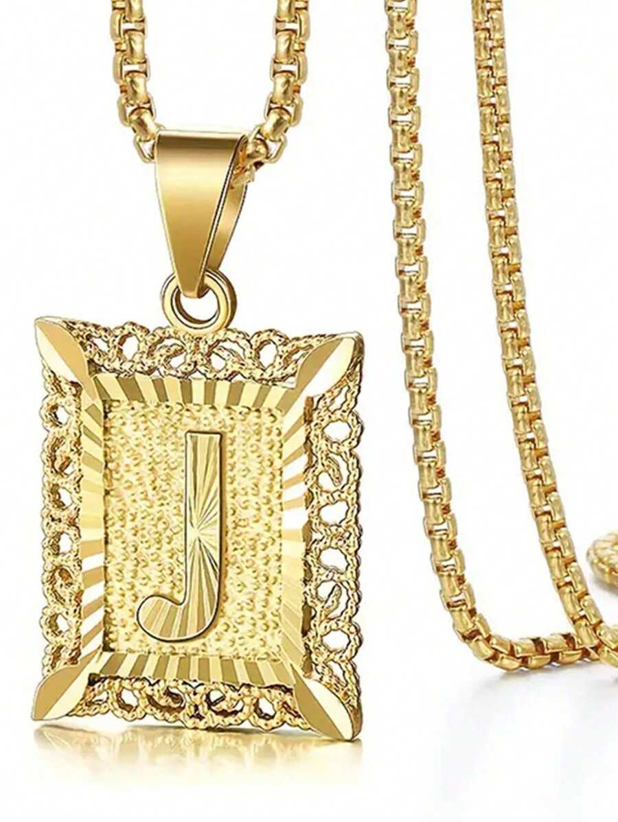 女士男士首字母項鍊方形大寫字母項鍊從A到Z方形盒鏈項鍊，方形羅羅鏈適用於女士男士 - 金黃色 - 查看 1