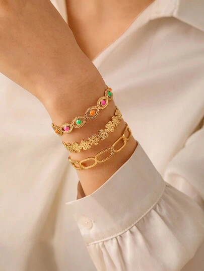 3件套不锈钢金色花朵椭圆形多色眼睛吊坠手链套装，适合日常佩戴或作为礼物