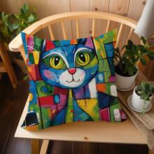 1 housse de coussin mignonne d'oreiller avec chat abstrait en aquarelle et texture en peau de pêche imprimée double face,double face,texturée en peau de pêche,45*45CM/18*18 pouces, pour coussin d'intérieur de canapé moderne, décoration de fête