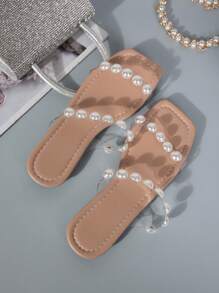 最新春夏女士平底休闲拖鞋，仿珍珠透明水晶 TPU，舒适度假风格凉鞋多功能轻便 - 卡其色 - 查看 5