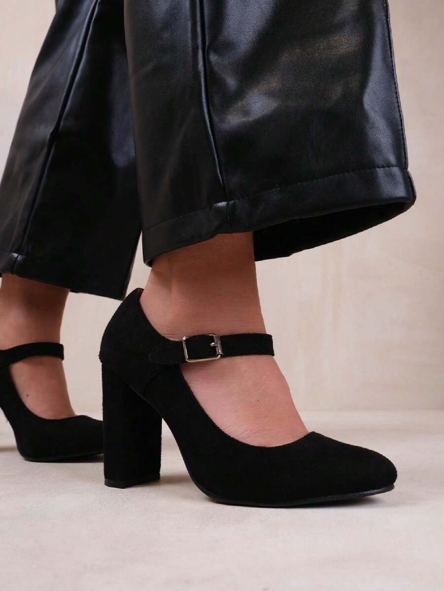 Where’s That From Michelle Block High Heel Pump With Front Buckle Strap In Suede - Black Suede - View 1