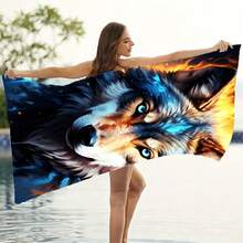 1 Pc,Timberwolf Wolf King Pattern Microfiber Soft Absorbent Beach Towel - Blue - View 1