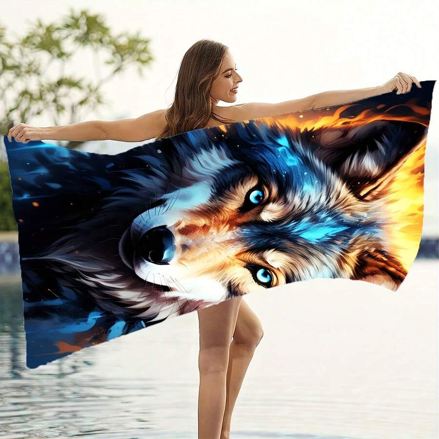1 Pc,Timberwolf Wolf King Pattern Microfiber Soft Absorbent Beach Towel - Blue - View 1