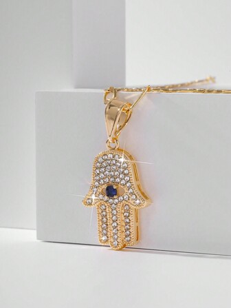 1pc Retro Style 14K Gold Plated Zirconia Inlaid Copper Palm Blue Devil's Eye Pendant Necklace, Suitable As Gift For Mother, Couple, Best Friends, Daily And Festival Wear, Spiritual