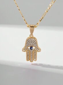1 件复古风格 14K 镀金锆石镶嵌铜棕榈蓝恶魔之眼吊坠项链，适合作为送给母亲、情侣、好朋友、日常和节日佩戴、精神 - 金黃色 - 查看 3
