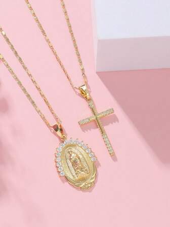 2pcs Fashionable Unisex Copper Zirconia Saint Mary Pendant With Cross Pendant Couple" Necklace Accessories. European And American  Style Multilayer Chain Pendant Accessory With Street Style