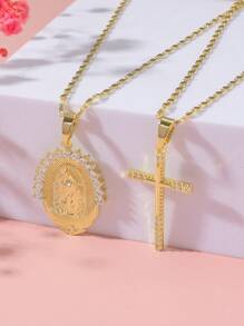 2入組時尚男女通用銅鋯石聖母配對吊墜項鍊飾品。歐美風格多層鍊式吊墜飾品，帶有街頭風格