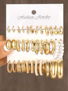 24-36pcs/Set Fashionable Simple Multi-Layered & Wide Face & Geometric Design & Faux Pearl & Drop Earrings Set For Party, Date, Gift, Daily Wear - Yellow Gold - View 6