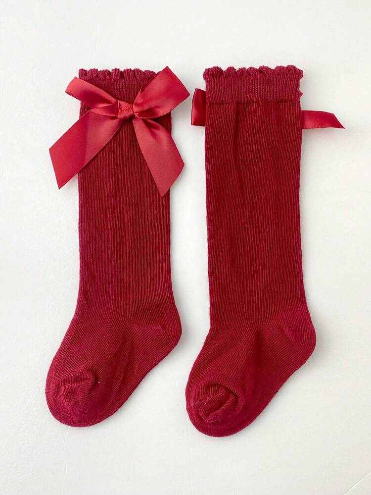 Calcetines altos para bebé y niño pequeño de primavera y otoño con lindo moño, calcetines de princesa para bebé niña con boca holgada - Burdeos - Añade 3