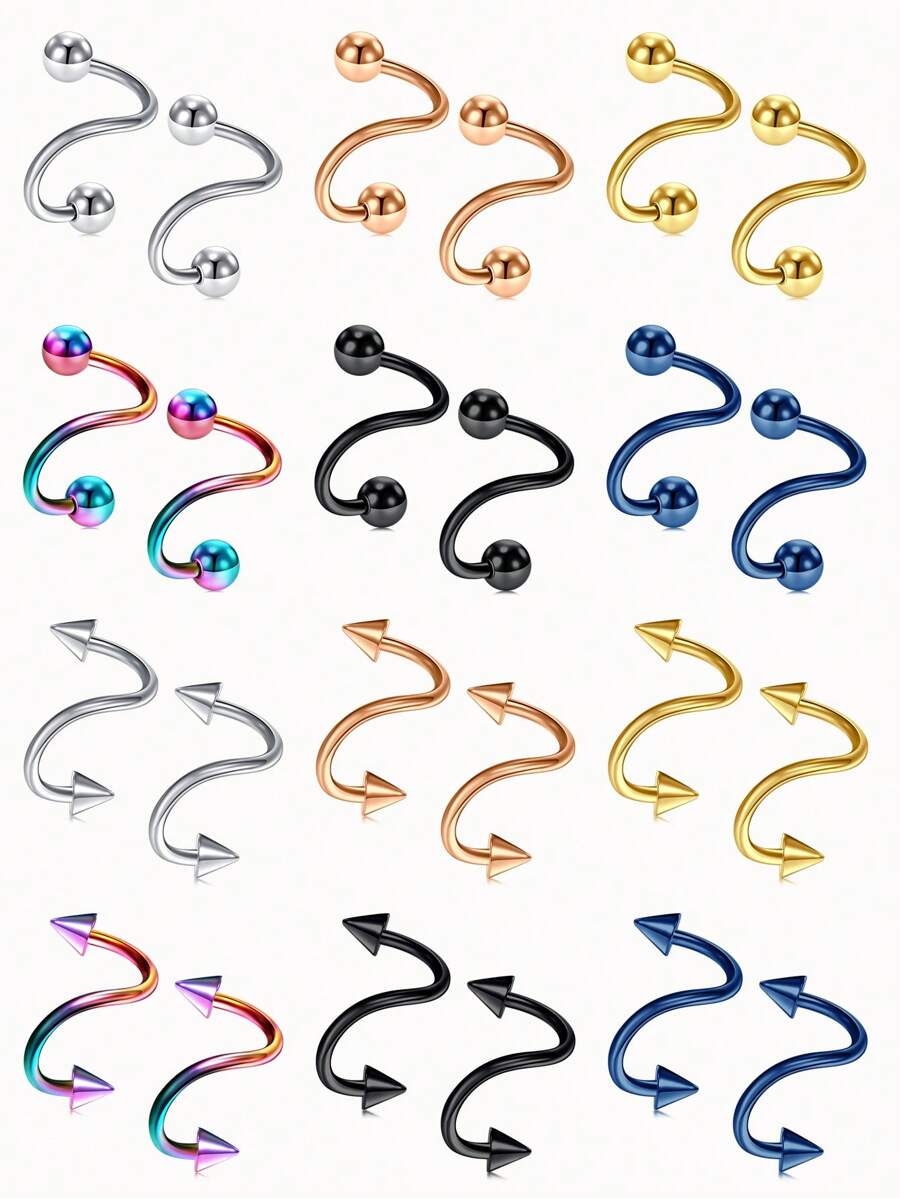 CIZME 2 件 16 克不锈钢 S 螺旋扭曲杠铃耳环扭曲唇环，扭曲杠铃螺旋扭曲耳轮耳屏软骨穿孔耳环，不锈钢眉毛唇脐扭曲条，耳屏扭转耳环环，螺旋杠铃穿孔螺旋扭曲耳环螺旋扭曲软骨唇环，扭转螺旋杠铃，软骨耳环不锈钢扭转螺旋唇环螺旋唇环 - Twister Earring - 查看 1