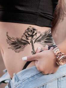 STARTTOOS 1pc Temporary Tattoo Sticker With Black Wing, Flower And Word Pattern For Body, Suitable For Chest, Abdomen, Back And Arm - Black - View 3