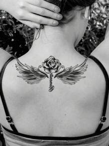 STARTTOOS 1pc Temporary Tattoo Sticker With Black Wing, Flower And Word Pattern For Body, Suitable For Chest, Abdomen, Back And Arm - Black - View 2