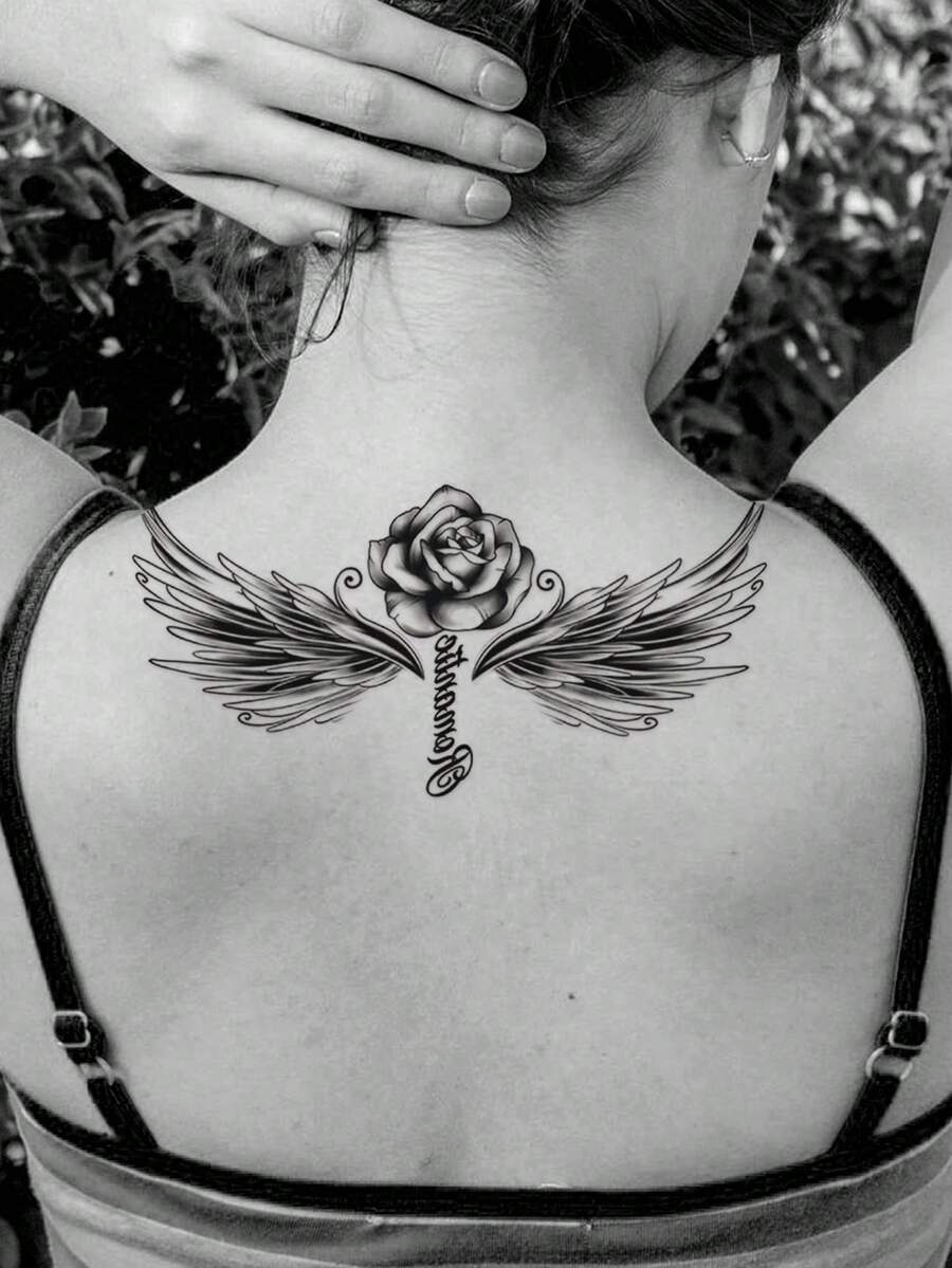 STARTTOOS 1pc Temporary Tattoo Sticker With Black Wing, Flower And Word Pattern For Body, Suitable For Chest, Abdomen, Back And Arm