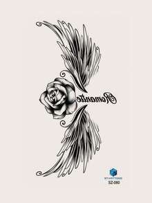 STARTTOOS 1pc Temporary Tattoo Sticker With Black Wing, Flower And Word Pattern For Body, Suitable For Chest, Abdomen, Back And Arm - Black - View 4
