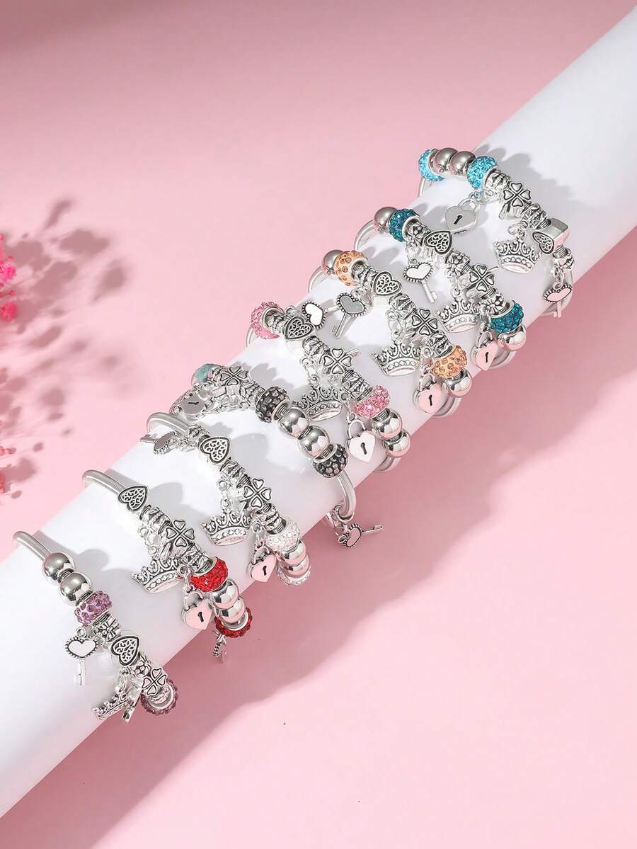 One New Exquisite Fashionable DIY Bracelet With Crown, Key And Heart Shaped Pendants. Adjustable Chain For Women. - Silver - View 1