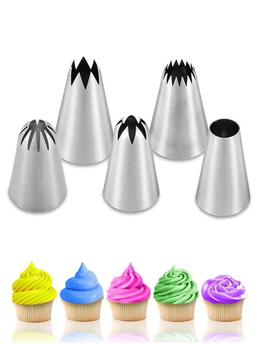 5pcs Pastry Icing Tips Set, Stainless Steel Frosting Pipes Kit, Baking Tools With Decorating Tips And Cupcake Wraps