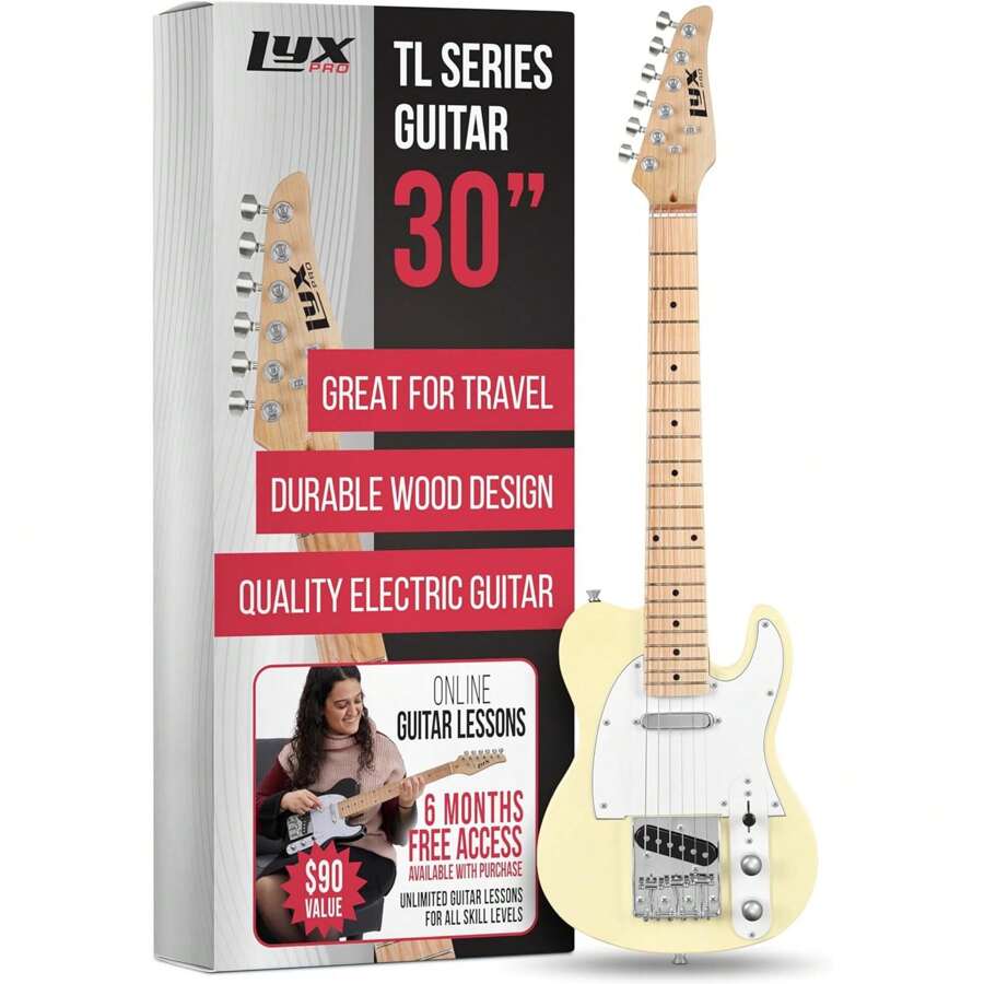 LyxPro 30" Telecaster Electric Guitar, TL Series, Full-Size Paulownia Wood Body, 3-Ply Pickguard, C-Shape Neck, Ashtray Bridge, Quality Gear Tuners, 3-Way Switch & Volume/Tone Controls, 2 Picks Included - 乳白色 - 查看 1