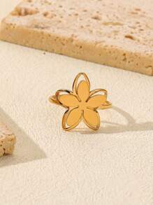 1pc Stainless Steel Golden Yellow Three-Dimensional Flower Single Ring, Fashionable And Simple, Suitable For Women's Daily Decoration Valentines