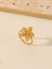 1pc Stainless Steel Golden Yellow Three-Dimensional Flower Single Ring, Fashionable And Simple, Suitable For Women's Daily Decoration Valentines