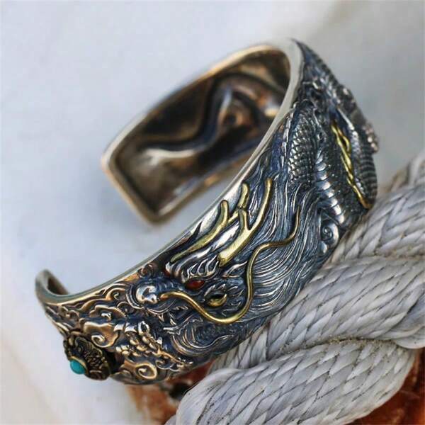 Men's Exquisite Dragon Head Open Bangle, Lucky Charm For The Year Of The Dragon