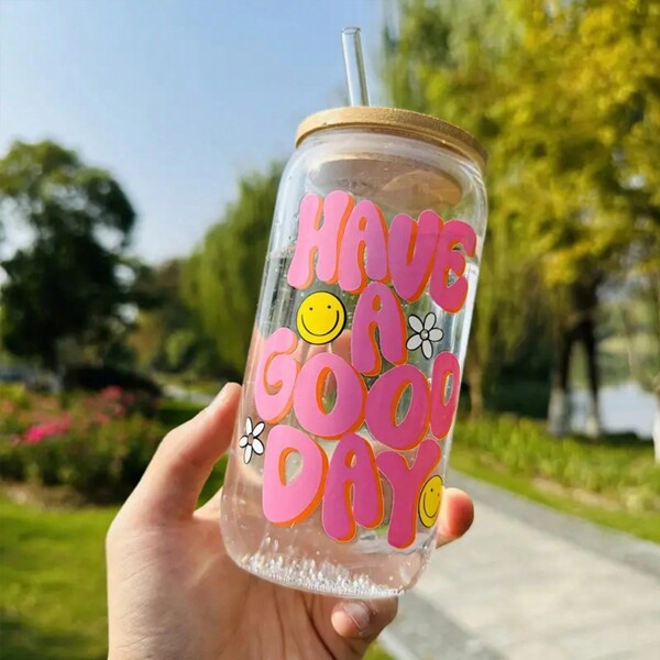 1pc, 16oz Can Shaped Glass Drinking Cup With Lid And Straw - Perfect For Iced Coffee, Juice, And Milk - Great Birthday Gift And Drinkware For A Good Day