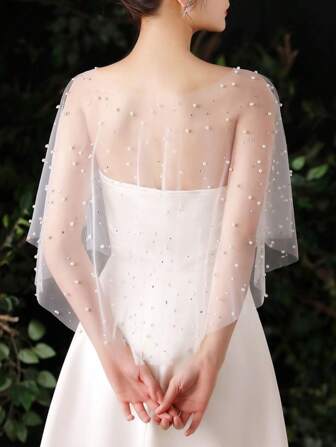 One White Lace Bridal Shawl With Faux Pearls And Rhinestones Embellishment Fall Clothes For Women