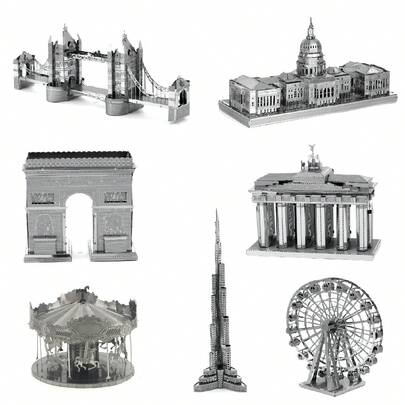 3D Metal Puzzle Assembly Model, DIY Stainless Steel Buckle Jigsaw, Architecture Model, No Glue, Birthday Gift, Decorative Ornament, Dutch Windmill, Arc De Triomphe, Brandenburg Gate, Tower Bridge, Ferris Wheel, Burj Khalifa, US Capitol, Carousel