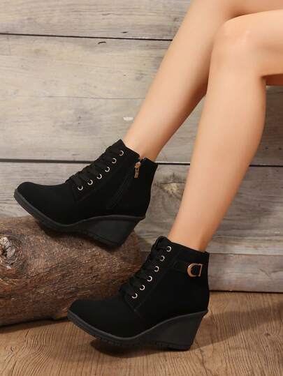 Women High-Heeled Boots Spring And Autumn New Style Large Size Round Toe Comfortable Fashionable All-Match Slope-Heeled Thick-Soled Women Ankle Boots