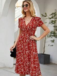 Y2K Vestido boho floral con cuello en V para mujer - Rojo - Ver 6