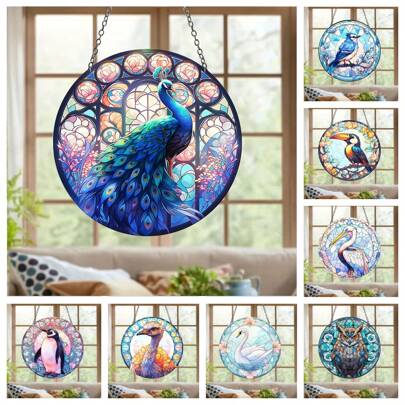 1入組多彩鳥窗戶裝飾，窗戶陽光捕手，仙女窗戶裝飾，亞克力陽光捕手，8*8英寸/20x20公分，房間裝飾，場景裝飾，酒吧裝飾，夏季裝飾，節日禮物，親朋好友禮物