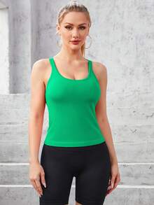Women Round-Neck Solid Color Sports Tank Top With Built-In Bra (One-Piece)