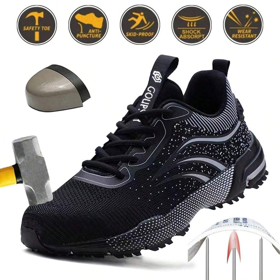 Lightweight Men's Steel Toe Safety Shoes, Anti-Puncture Breathable Non-Slip Work Boots, Industrial Construction Workwear