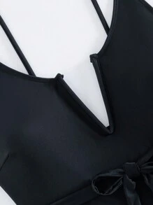 Costume da bagno intero da donna per vacanze alle terme, controllo addominale, scollo a V profondo, stile canottiera sexy estivo - nero - Visualizzare 7