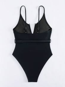 Costume da bagno intero da donna per vacanze alle terme, controllo addominale, scollo a V profondo, stile canottiera sexy estivo - nero - Visualizzare 9