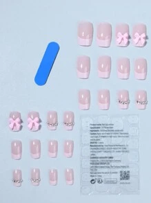 24片/套方形粉色法式美甲贴纸，带3D蝴蝶结和水钻装饰，亚克力材质，包含1片果冻胶和1个指甲锉，是送给女性和女孩的理想美甲礼物。 - 彩色 - 查看 3