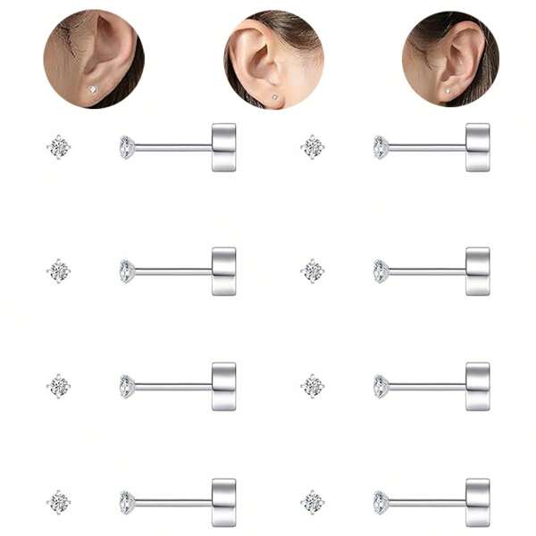 Conjunto de 8 pares Pendientes de botón de acero inoxidable de 2 mm para mujeres y hombres Aretes de cartílago hipoalergénicos con espalda plana de circonita cúbica, joyería de perforación, pendientes en color dorado, plateado y negro