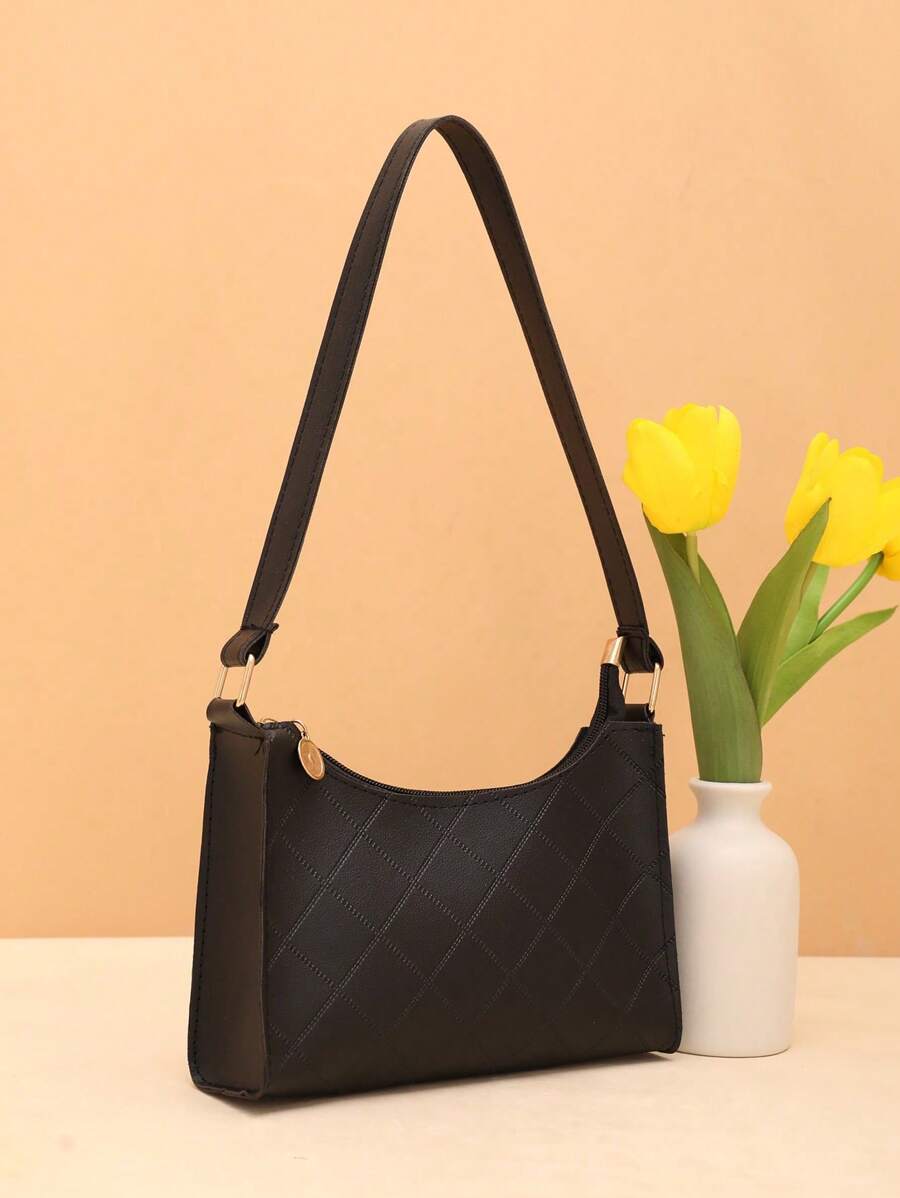 时尚压花女士休闲腋下手提包，适合日常购物 - 黑色 - 查看 1