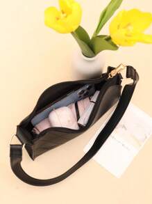 时尚压花女士休闲腋下手提包，适合日常购物 - 黑色 - 查看 5