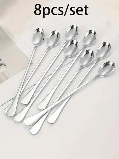 8pcs Stainless Steel Long Handle Ice Tea Spoon, Coffee Spoon, Ice Cream Stirring Spoon, Dishwasher Friendly, Kitchen Accessories, Flatware Set Back To School