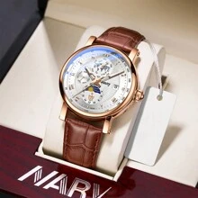 NARY A Luxurious Waterproof Men's Automatic Mechanical Watch With Calendar And Moon Phases, Featuring A Leather Strap And Suitable For Business Meetings, Daily Wear And Decoration.