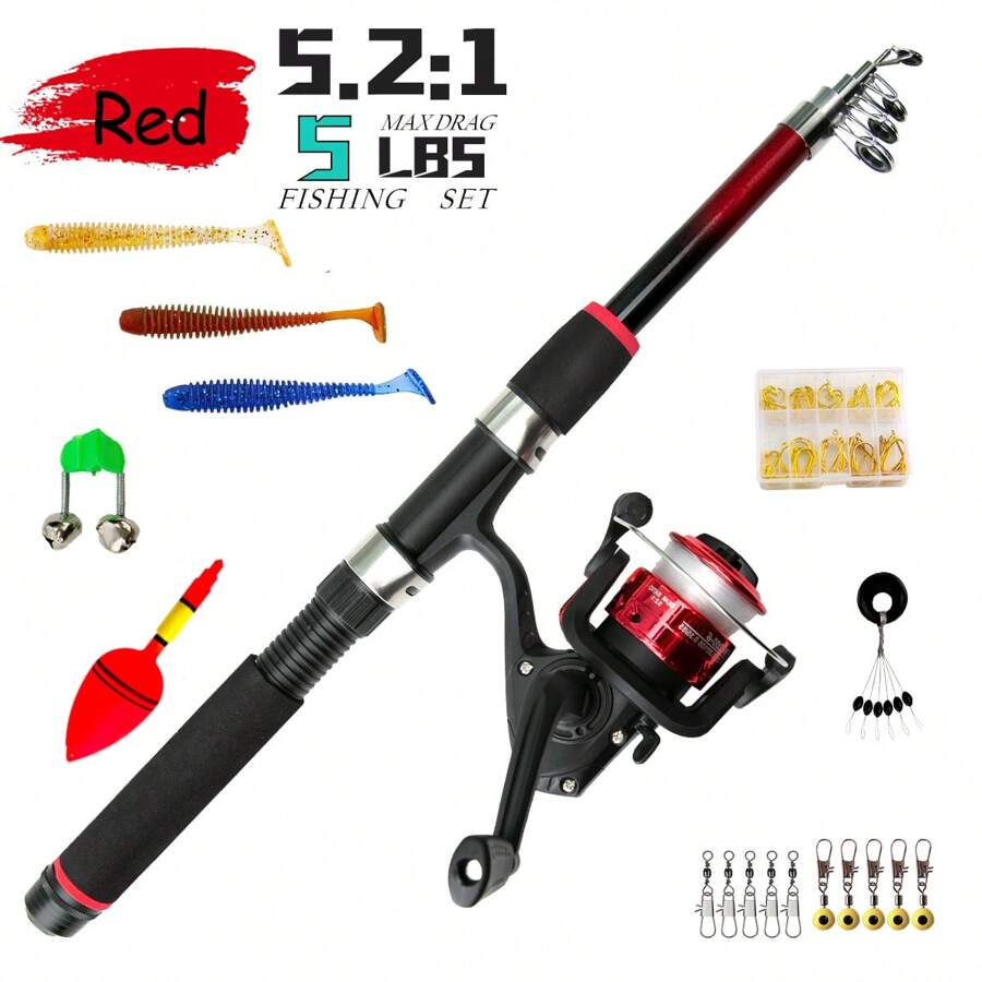 RED Fishing Starter Pole Set - Portable Telescopic 1.5M/4.92ft Fishing Rod Spincast Reel Combos Hooks-  Perfect For Beginner Youth - Red - View 1