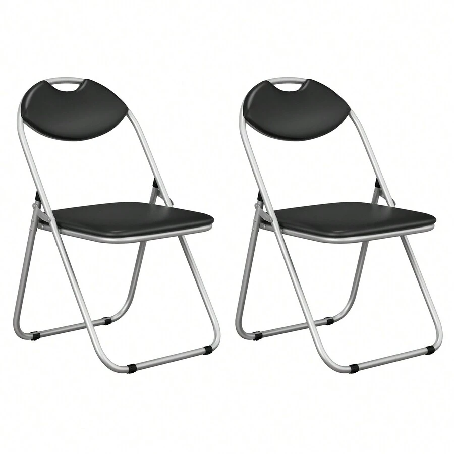 2 Pack Padded Folding Chair, Metal Frame Easy Storage Conference Chair With Sponge Seat, Backrest And Foot Pads, Hall Guest Seating For Bedrooms Office Events - Black - View 1