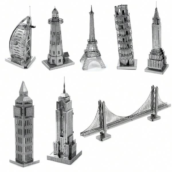 Quebra-cabeça Metálico 3D, Modelo de Montagem DIY, Quebra-cabeça de Aço Inoxidável, Modelo de Arquitetura, Sem Necessidade de Cola, Presente de Natal, Ornamento Decorativo, Estátua da Liberdade, Big Ben, Farol, Golden Gate Bridge, Torre de Pisa, Edifício Chrysler