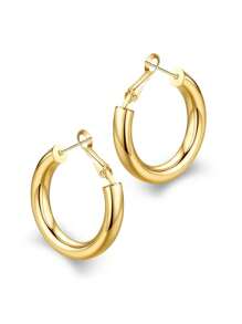 1 Paire De Boucles D'oreilles Créoles Rondes Audacieuses Pour Femmes, Plaquées Or, Conception Cylindrique En Acier Inoxydable