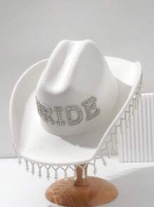 1pc Women's Solid Glitter Bling Cowboy Hat, Unique Luxurious Faux Pearl Tassel Pearl Embellishment With 3D Pearl Letter BRIDE Decor, Wedding Bridal Hat, 2024 Wedding Essentials, Creative Punk Style Inspiration Wide Brim Bridal Veil Hat, Gift Idea