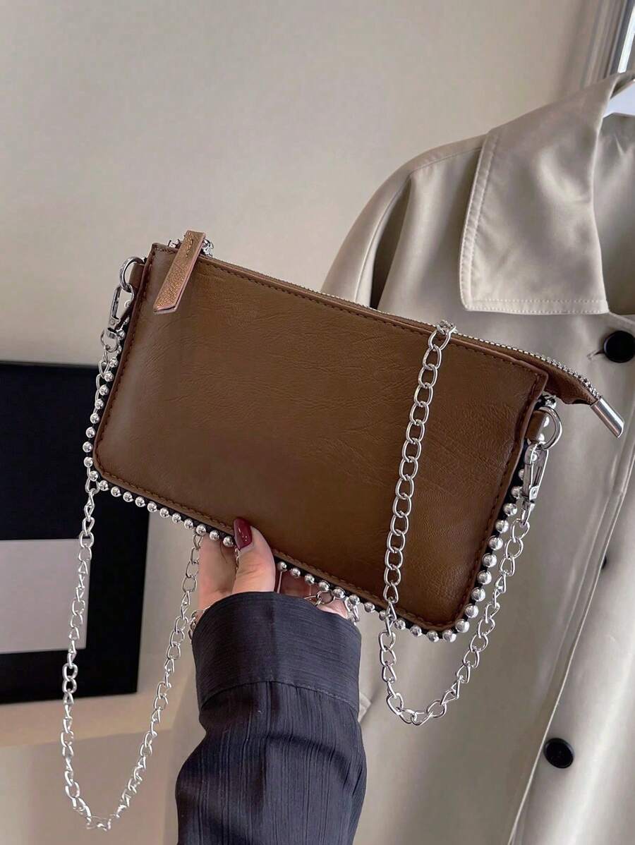 女士”复古信封包，配串珠链条肩带，色块拼布和树皮纹理图案，适合通勤，复古风格女士包 - 棕色 - 查看 1