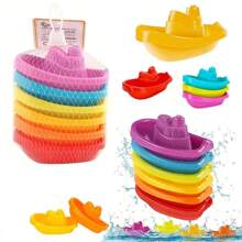 6 szt. Kolor tęczy Łódka do układania w stosy Zabawka do kąpieli dla małych dzieci - Letnia gra wodna z muzyką - Prezent wielkanocny dla dzieci