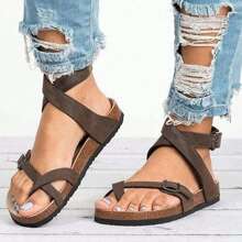 Women's Strappy Non-Slip Cross Strap Flat Sandals, Outdoor Sandals Footbed With Cork Sole Adjustable Buckle - Brown - View 1