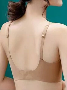 女性性感無痕內衣，加厚可拆卸胸墊，無縫式一體化胸衣，深V蕾絲無線內衣，薄款設計，女士舒適貼身保暖衣物 - 卡其色 - 查看 2