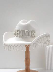 1pc Women's Solid Glitter Bling Cowboy Hat, Unique Luxurious Faux Pearl Tassel Pearl Embellishment With 3D Pearl Letter BRIDE Decor, Wedding Bridal Hat, 2024 Wedding Essentials, Creative Punk Style Inspiration Wide Brim Bridal Veil Hat, Gift Idea